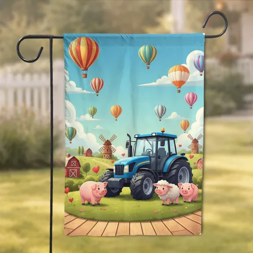 Blue Tractor Pink Pigs White Sheep Red Barns - Farmhouse Decor Gift for Farm Lover Garden Flag