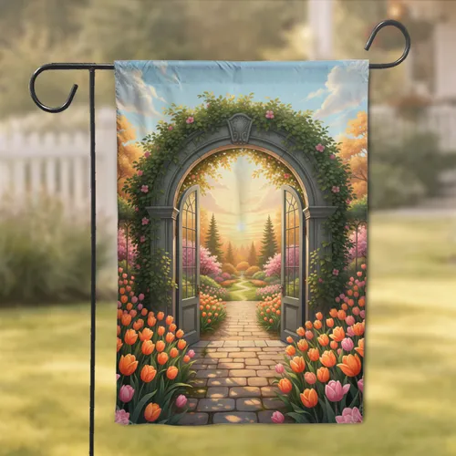Arched Stone Entryway Sun-Drenched Garden Path Tulips - Home Decor Gift for Garden Lover Garden Flag