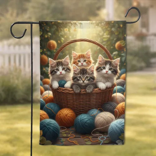 Kittens Yarn Balls Wicker Basket Garden - Home Decor Gift for Cat Lovers Garden Flag
