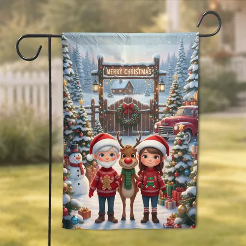 Christmas Children Reindeer Winter Wonderland - Holiday Decor for Family Garden Flag