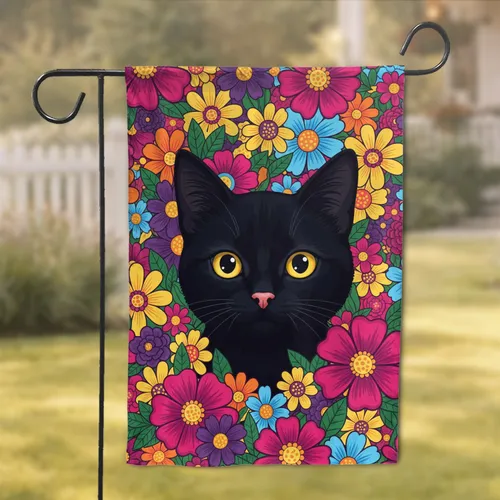 Black Cat Glowing Yellow Eyes Fuchsia Purple Floral - Home Decor Gift for Cat Lover Garden Flag