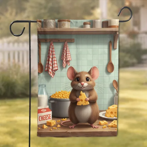 Fluffy Mouse Golden Swiss Cheese Rustic Kitchen Home Decor Gift for Cheese Lover Garden Flag