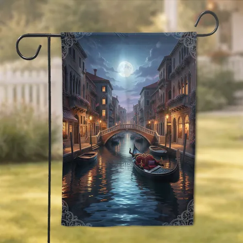 Venetian Canal Gondola Twilight Full Moon Scene - European Travel Home Decor Gift Garden Flag