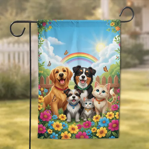 Smiling Pet Animals Garden Rainbow - Home Decor Gift for Pet Lover Garden Flag