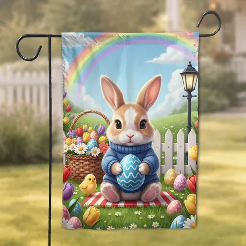 Bunny Easter Egg Rainbow Meadow - Easter Holiday Gift for Kids Garden Flag