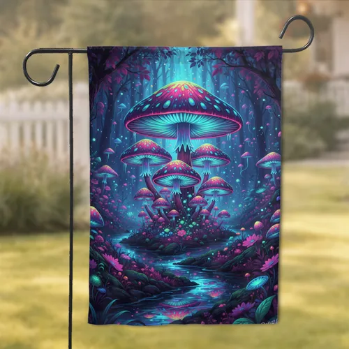 Glowing Fantastical Mushroom Forest Stream - Home Decor Gift Garden Flag
