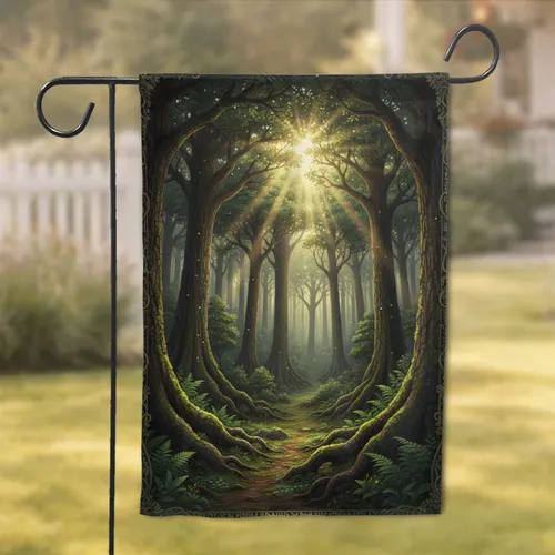 Deep Ancient Forest Sunbeams Towering Trees with Lush Canopies - Woodland Home Decor Gift Garden Flag
