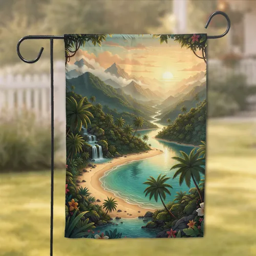 Tropical Cove Beach Waterfall Palms - Verdant Jungle Mountain Home Decor Gift Garden Flag
