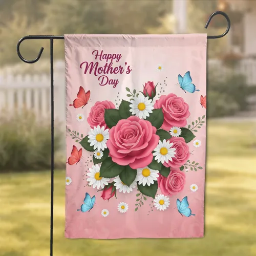 Pink Roses White Daisies Butterflies Mother's Day Gift for Mom Garden Flag