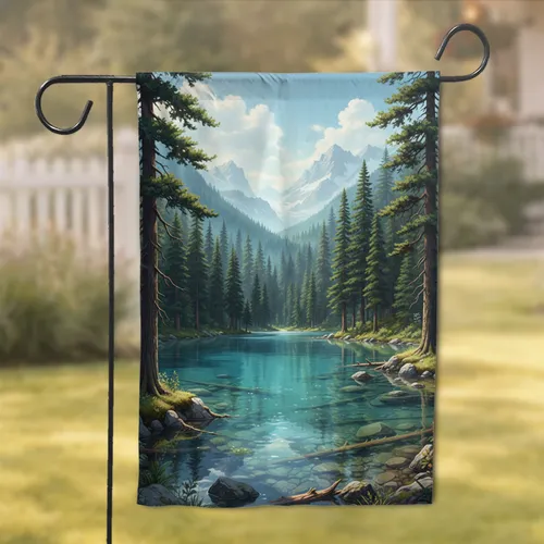 Turquoise Mountain Lake Evergreen Pine Forest Reflections Hazy Peaks - Home Decor Gift Garden Flag