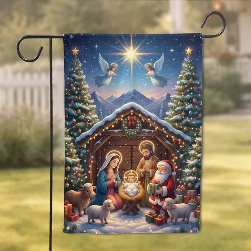 Nativity Scene Santa Claus Christmas Trees - Christmas Holiday Gift for Christian Family Garden Flag