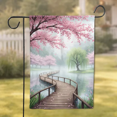 Misty Lake Cherry Blossom Path Willow - Home Decor Gift Garden Flag