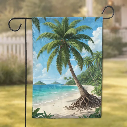 Majestic Leaning Palm Tree White Sand Beach Seascape - Coastal Home Decor Gift Garden Flag