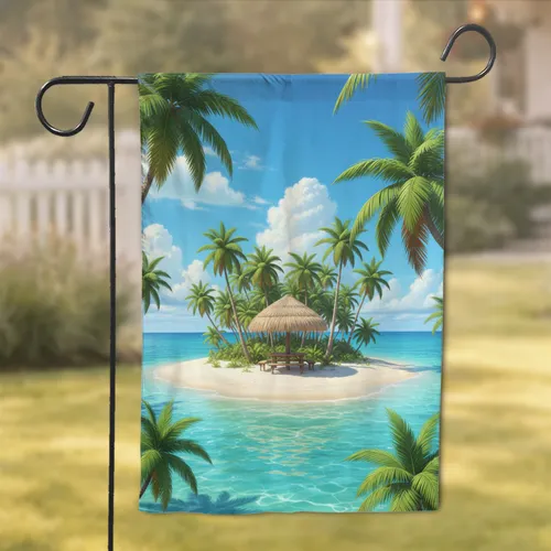 Pristine Tropical Island Palapa Palm Trees Ocean - Beach House Decor Gift Garden Flag