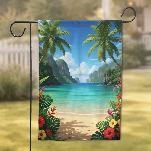 Radiant Tropical Bay Golden Beach Palm Trees Lush Islands - Home Decor Gift Garden Flag