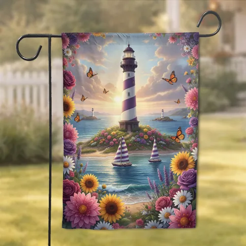 Striped Lighthouse Sailboat Floral Coast - Home Decor Gift Garden Flag
