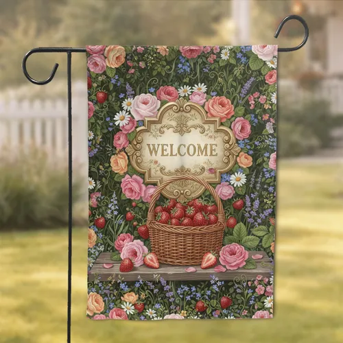 Welcome Plaque Pink Roses Strawberry Basket - Home Decor Gift for Gardeners Garden Flag