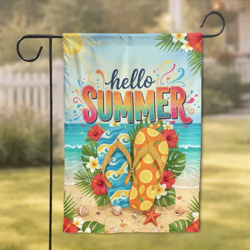 Hello Summer Flip Flops Tropical Beach - Summer Decor Gift Garden Flag