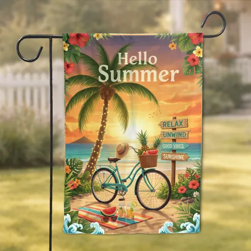 Hello Summer Tropical Beach Bicycle Golden Hour - Home Decor Gift Garden Flag