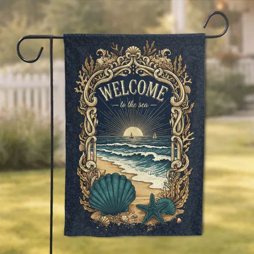 Welcome to the Sea Beach Scallop Shell Starfish - Coastal Home Decor Gift for Sea Lovers Garden Flag