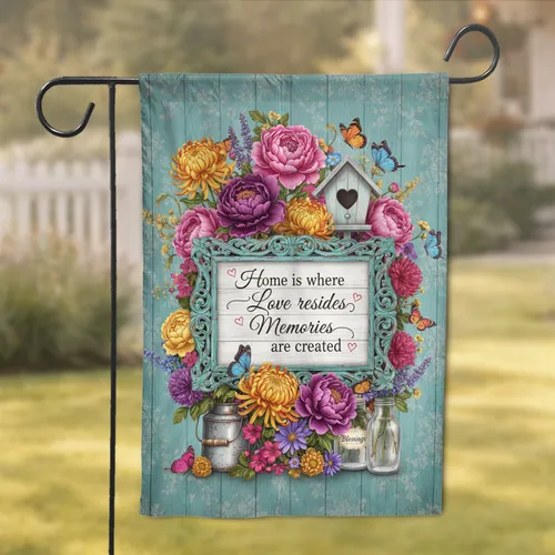 Rustic Home Sign Floral Butterflies Birdhouse - Farmhouse Decor Gift Garden Flag