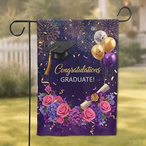 Graduation Cap Diploma Congratulations Graduate Fireworks - Graduation Celebration Gift Garden Flag