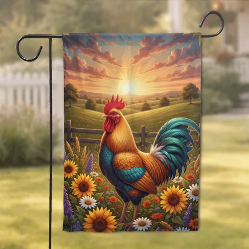 Majestic Rooster Wildflower Sunset - Farmhouse Home Decor Gift for Rooster Lover Garden Flag