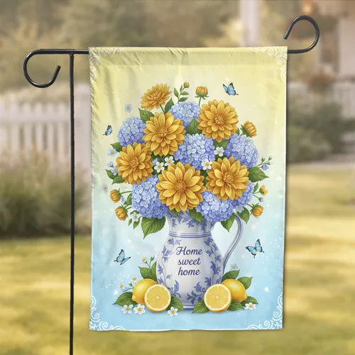Home Sweet Home Ceramic Pitcher Dahlias Hydrangeas Lemons - Home Decor Gift for Garden Lovers Garden Flag