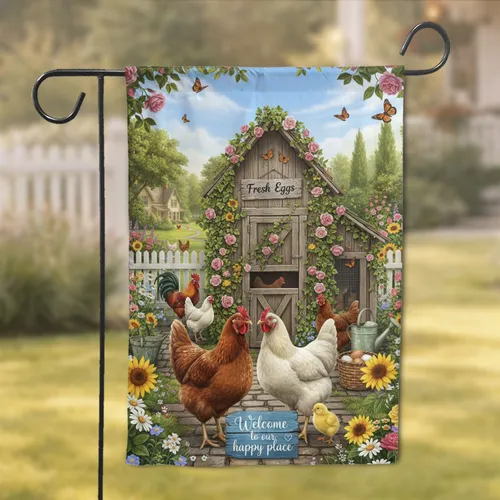 Rustic Chicken Coop Farm Animals - Farmhouse Home Decor Gift for Garden Lover Garden Flag