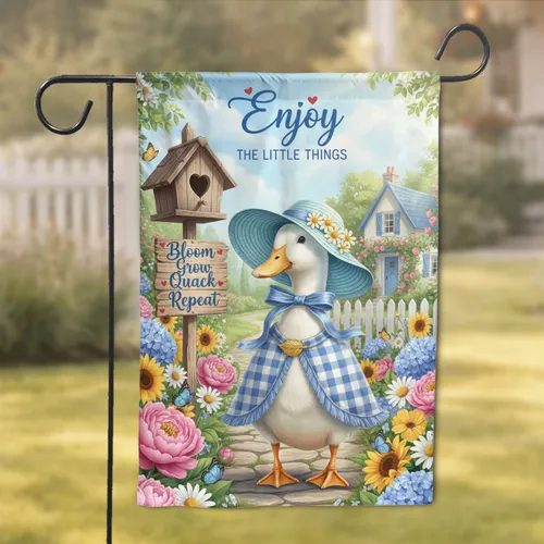 Blue Hat Duck Cottage Garden Flowers - Home Decor Gift for Garden Lover Garden Flag