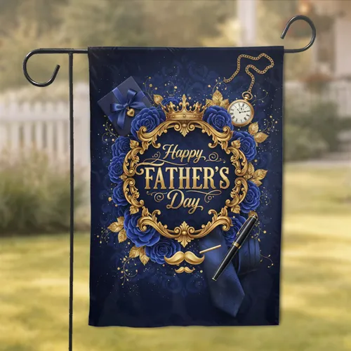 Happy Father's Day Golden Crown Roses Mustache Cartouche - Gift for Dad Garden Flag
