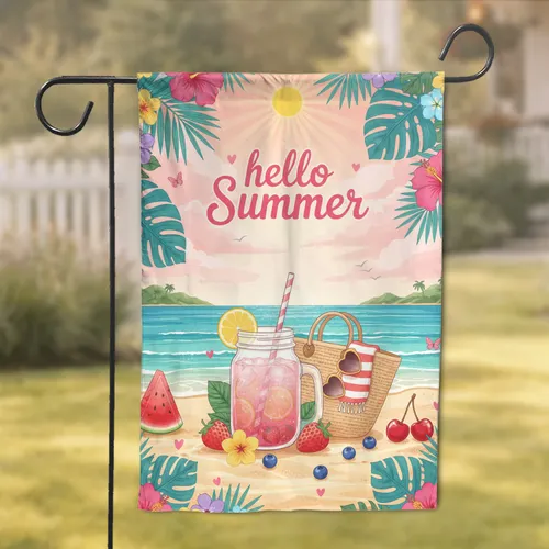 Hello Summer Tropical Beach Drink Fruit Flowers - Outdoor Summer Celebration Decor Garden Flag