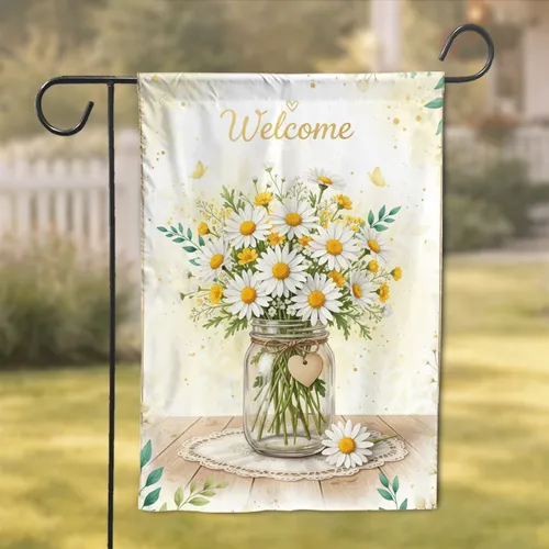 White Daisy Mason Jar Welcome - Farmhouse Home Decor Gift for Garden Lover Garden Flag