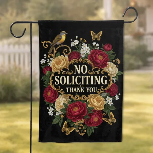 Songbird Butterfly Peony No Soliciting Thank You Text - Home Decor Gift Garden Flag