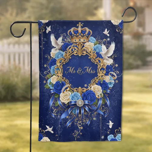 Mr & Mrs Royal Crown Wedding Rings Doves Roses - Wedding Gift for Newlyweds Garden Flag