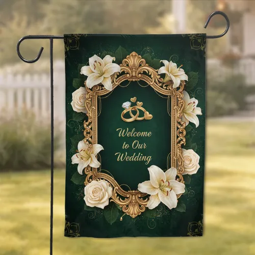 Rococo Golden Frame Welcome Script Wedding Rings - Wedding Ceremony Decor Garden Flag