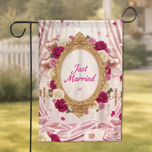 Just Married Golden Frame Roses Satin - Wedding Home Decor Gift for Newlyweds Garden Flag