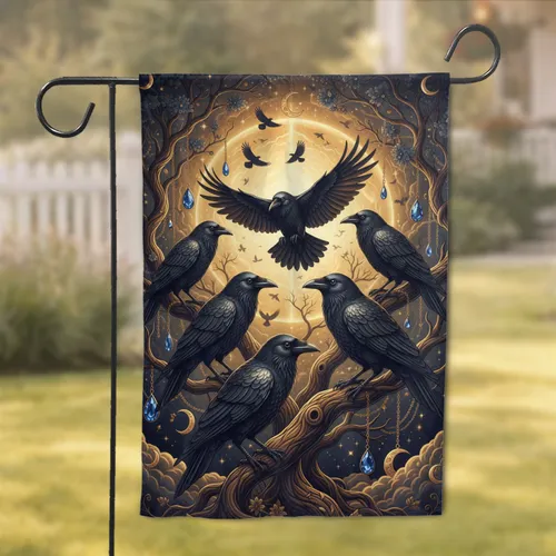 Five Crows Gnarled Tree Golden Chains Sapphire Jewels - Wildlife Lover Gift Garden Flag
