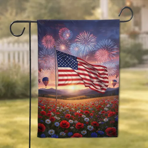 Stars Stripes Hot Air Balloons Fireworks - Independence Day Home Decor Gift for Veterans Garden Flag
