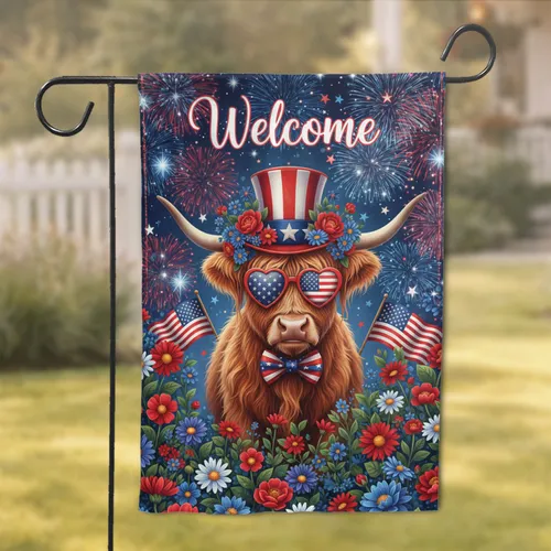 Patriotic Highland Cow Fireworks Welcome - Independence Day Home Decor Gift Garden Flag
