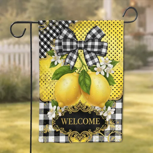 Lemon Welcome Buffalo Plaid Blossoms - Farmhouse Home Decor Gift Garden Flag