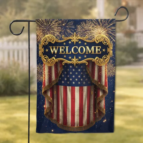 WELCOME Gold Frame American Flag Stars Fireworks - Independence Day for Veterans Garden Flag