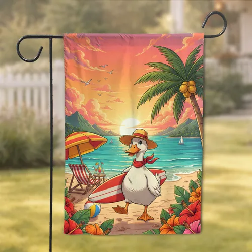 Duck Surfboard Beach Tropical Sunset - Summer Vacation Decor Garden Flag