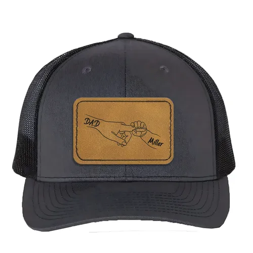 Personalized Dad Hat with Kids Hands And Name, Father’s Day Gift From Kids, Hat For Dad Kids, Custom Dad Leather Patch Snapback Trucker Cap