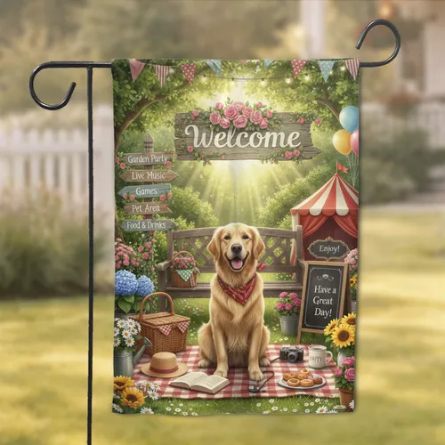 Golden Retriever Garden Party Picnic - Outdoor Living Decor for Dog Lover Garden Flag