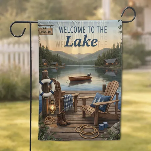 Lake Life Adirondack Chairs Dock Cabins - Lake House Decor for Lake Living Garden Flag