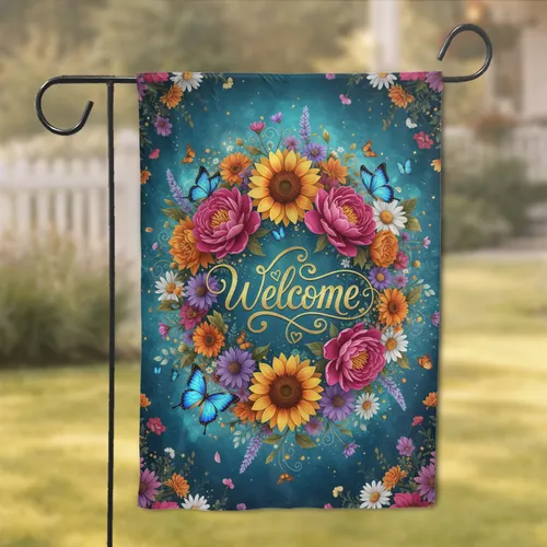 Welcome Heart Script, Peonies, Sunflowers, Butterflies - Home Decor Gift Garden Flag
