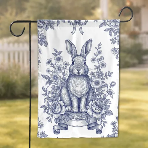 Blue White Rabbit Toile Rose Wildflower - Home Decor Gift for Rabbit Lover Garden Flag