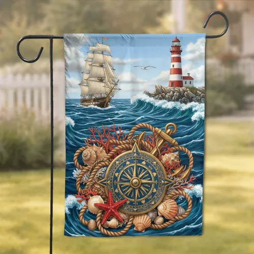 Brass Compass Rose Sailing Ship Lighthouse - Nautical Decor Gift for Maritime Lover Garden Flag