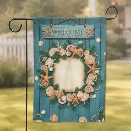 WELCOME Sign Seashell Starfish Wreath Wood Plank - Coastal Home Decor Gift Garden Flag